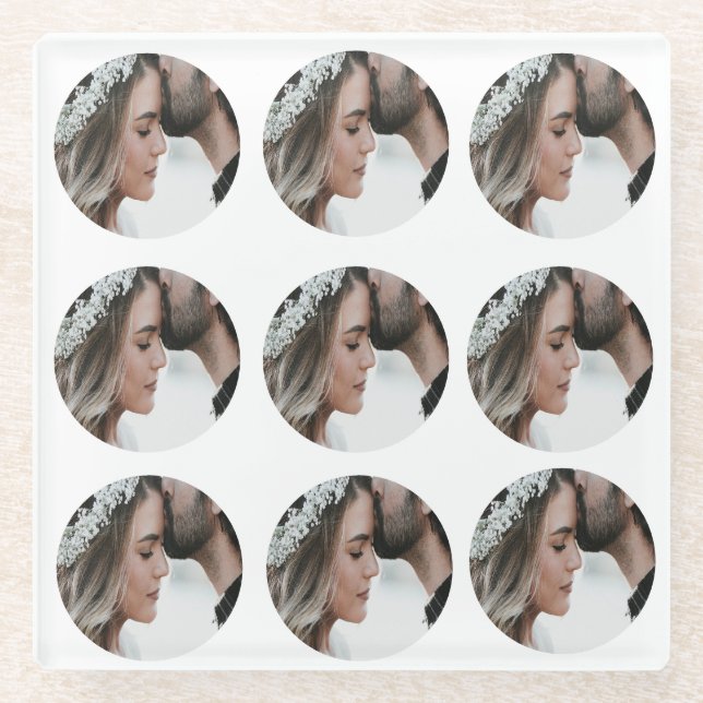 custom simple add circular photo collage add name  glass coaster (Front)