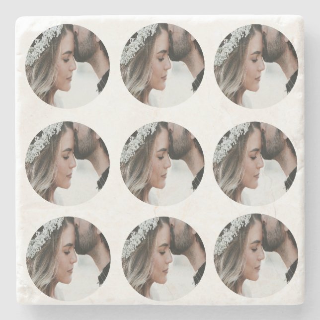 custom simple add circular photo collage add name  stone coaster (Front)