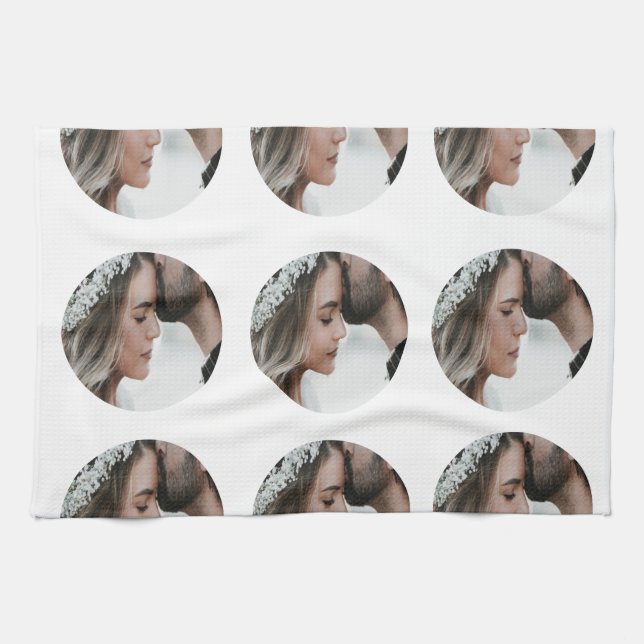 custom simple add circular photo collage add name  tea towel (Horizontal)
