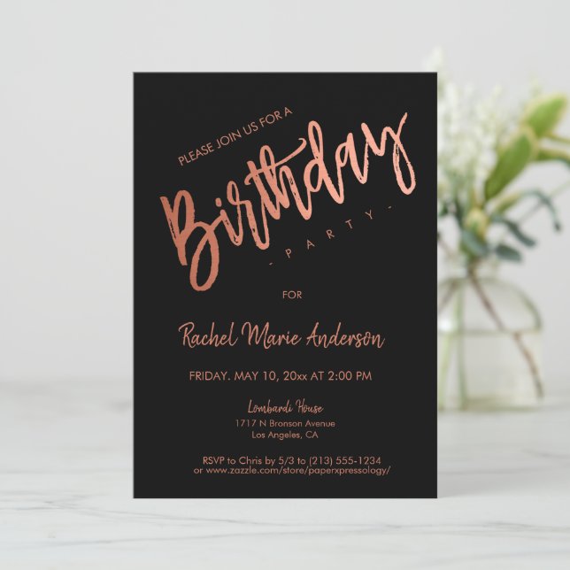 Custom Simple Black Rose Gold Foil Birthday Party Invitation (Standing Front)