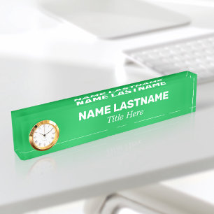 Custom Simple Bright Green Minimalist Modern Clock Nameplate