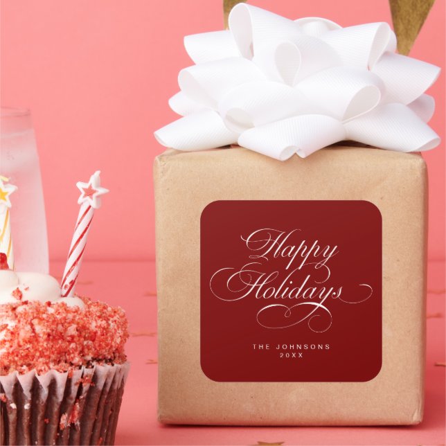 Custom Simple Elegant Script Red Christmas Holiday Square Sticker (Party)