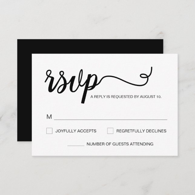Custom Simple Elegant Script Reply black and white RSVP Card (Front/Back)
