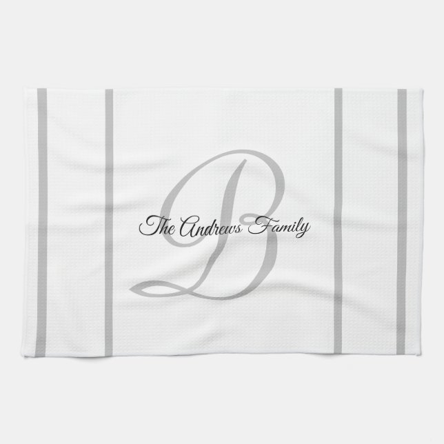 Custom Simple Grey White Monogram Family Name   Tea Towel (Horizontal)