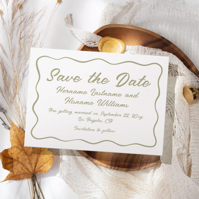 Custom Simple Hand Written Olive Green Wavy Frame Save The Date (Creator Uploaded)