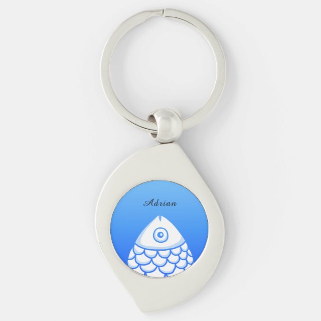 Custom Simple Koi Carp Fish Blue White Abstract Key Ring (Front)