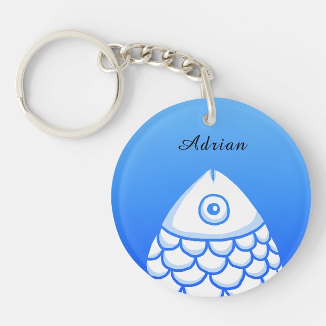 Custom Simple Koi Carp Fish Blue White Abstract Key Ring (Front)