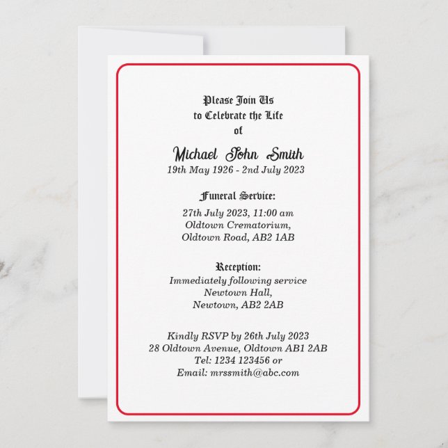Custom Simple Minimalist Funeral Invitation Card (Front)