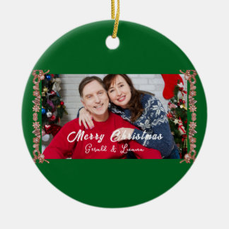 Custom Simple Monogram Green Christmas Photo  Ceramic Ornament