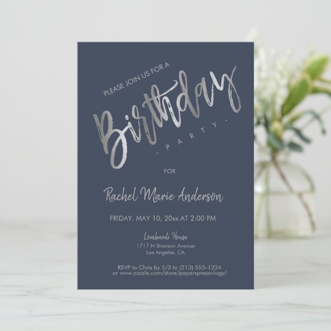 Custom Simple Navy Blue Silver Foil Birthday Party Invitation (Standing Front)