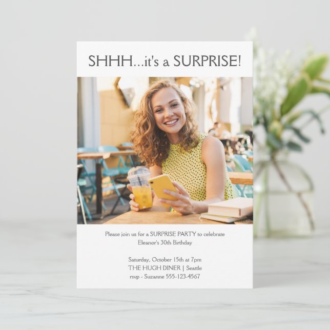 Custom Simple Photo Surprise 30th Birthday Party Invitation (Standing Front)