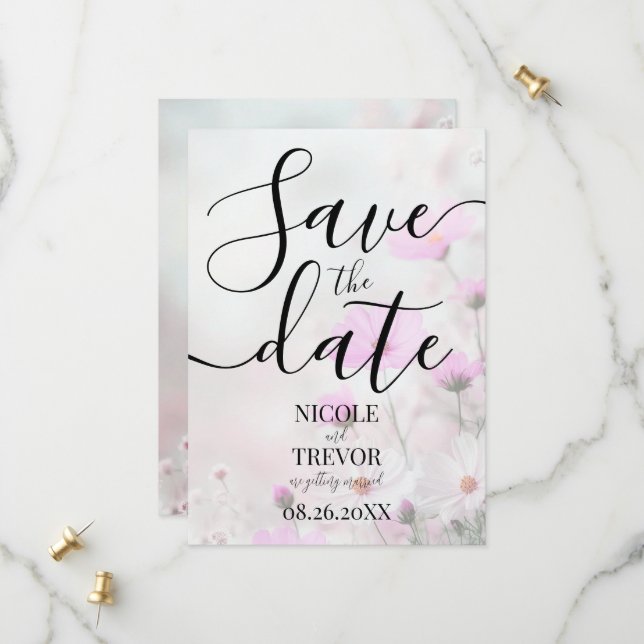 Custom Simple Pink Flowers Wedding Save The Date (Front/Back In Situ)