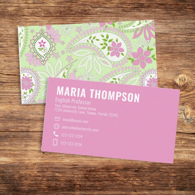 Custom Simple Stylish Pink Green Elegant Paisley Business Card (Creator Uploaded)