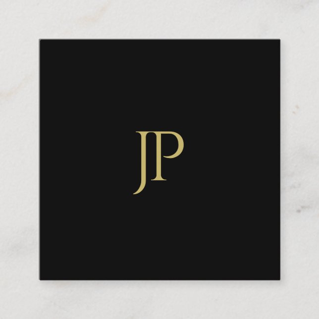 Custom Simple Template Black Gold Monogram Initial Square Business Card (Front)