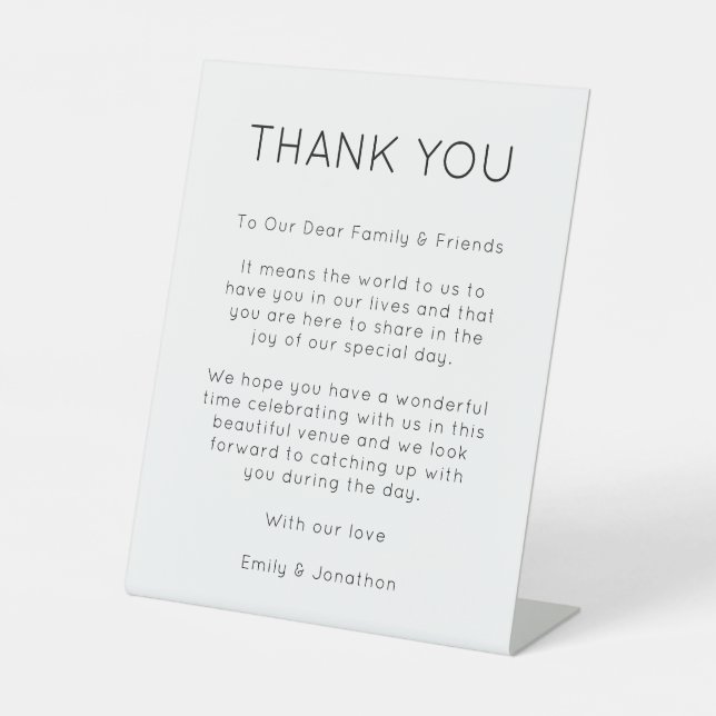 Custom Simple Thank You Letter to Wedding Guests Pedestal Sign (Front)