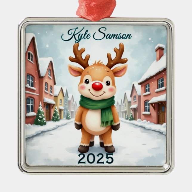 Custom Single Reindeer Town Metal Ornament (Front)