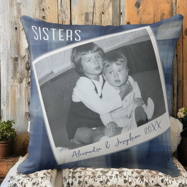 Custom sisters names photo keepsake blue plaid  cushion (Creator Uploaded)