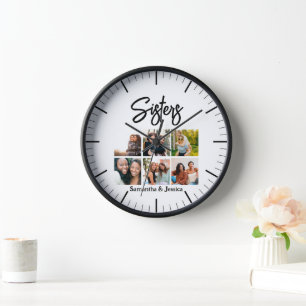 Custom Sisters Script 6 Photo Collage Clock