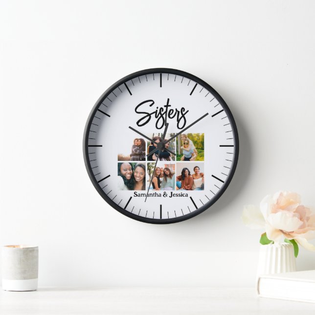 Custom Sisters Script 6 Photo Collage Clock (Home)