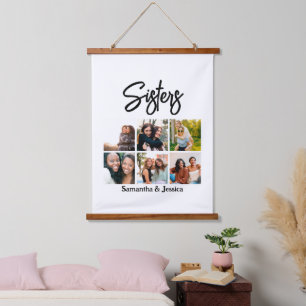 Custom Sisters Script 6 Photo Collage  Hanging Tapestry