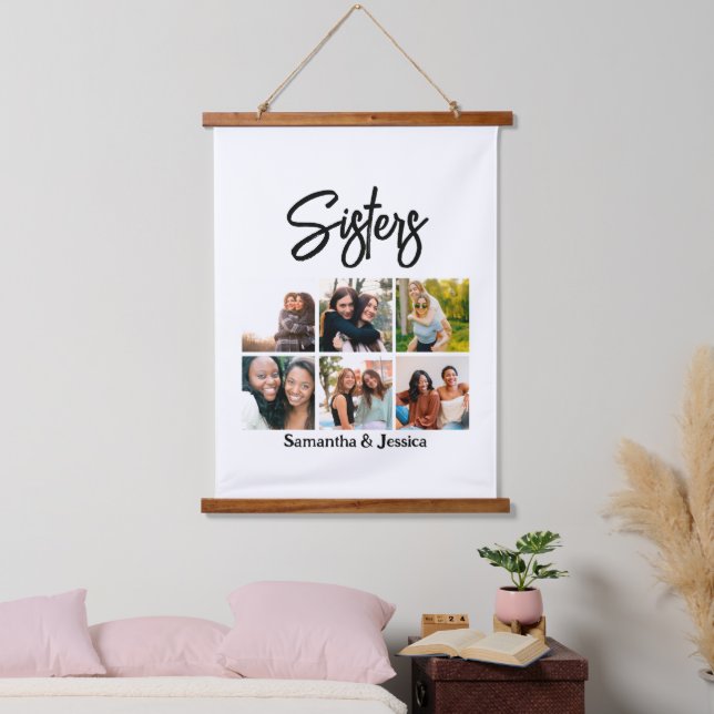 Custom Sisters Script 6 Photo Collage  Hanging Tapestry (Bedroom)
