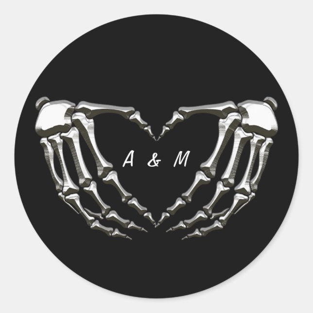 Custom Skeleton Gothic Hands Love Heart Shape Classic Round Sticker (Front)