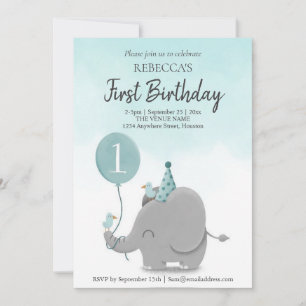 Custom Sky Blue White Elephant Balloon Theme Invitation