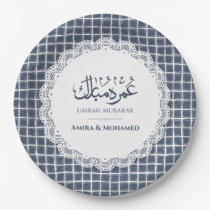Custom Slate Blue Grid Umrah Mubarak Paper Plates 