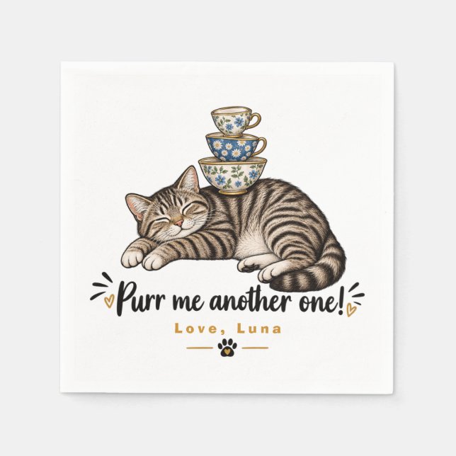 Custom Sleeping Tabby Cat Teacup Stack Art Napkin (Front)