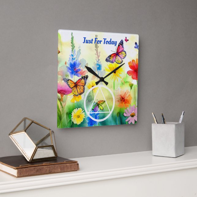 CUSTOM Slogan AA Symbol Butterflies and Flowers Square Wall Clock (Office)