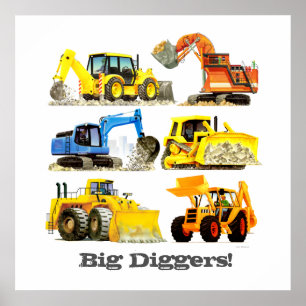 Custom Slogan Big Diggers Construction Trucks Poster