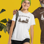 Custom Slogan Hiking, Camping, Outdoorsy T-Shirt<br><div class="desc">This graphic tee has illustrations of hilly landscape with evergreen trees in brown,  and is ready to be personalised with your own custom text.</div>