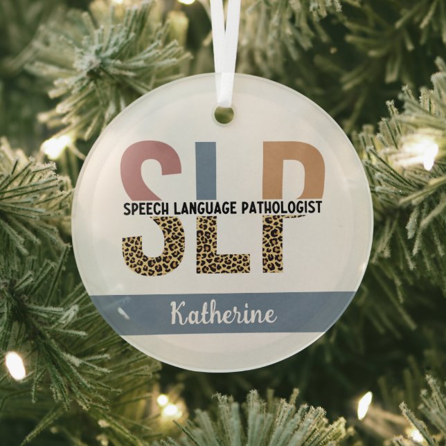 Custom SLP Speech Pathologist Leopard Print Glass Tree Decoration (Insitu)
