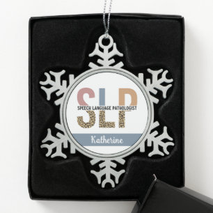 Custom SLP Speech Pathologist Leopard Print Snowflake Pewter Christmas Ornament
