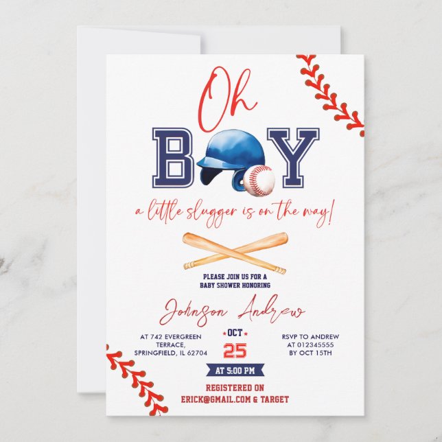 Custom Slumdunk Oh Boy Baseball Baby Shower Bundle Invitation (Front)