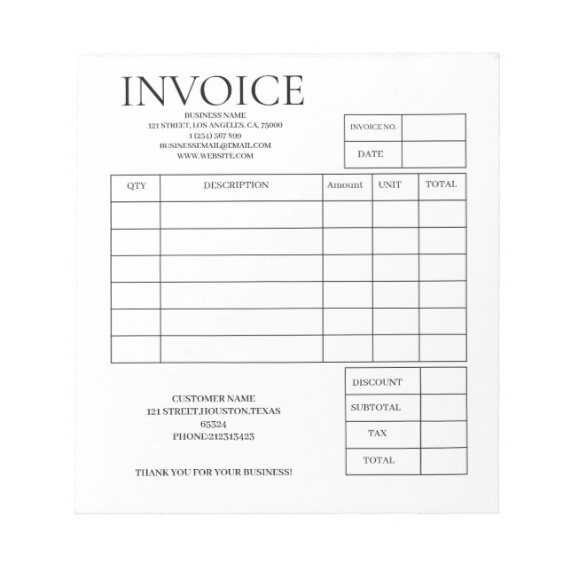 Custom Small Business Invoice Receipt Notepad  (Front)
