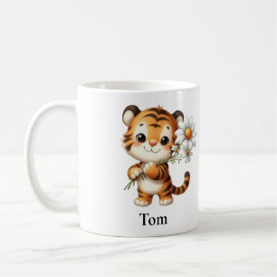 Custom Smiling Tiger Holding Flowers Coffee Mug