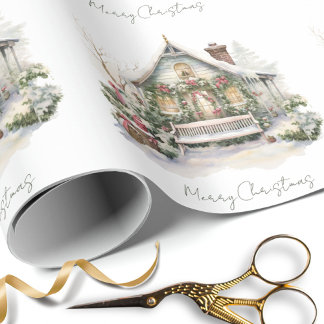 Custom Snow Winter Farm Watercolor Christmas Green Wrapping Paper