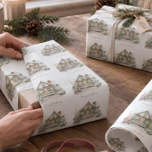 Custom Snow Winter Farm Watercolor Christmas Green Wrapping Paper