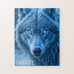 Custom Snow Wolf Glowing Blue Eyes Stare Jigsaw Puzzle