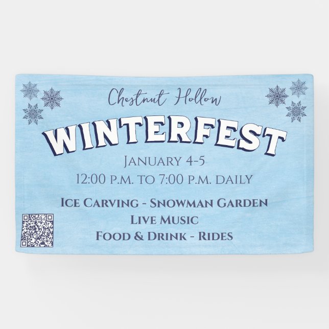 Custom Snowflake Blue QR Code Winter Festival  Banner (Horizontal)
