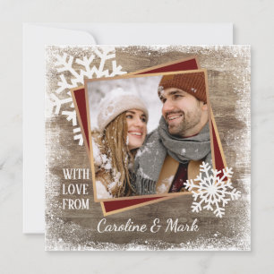 Custom Snowflakes & Barnwood Wooden Planks Pattern Holiday Card