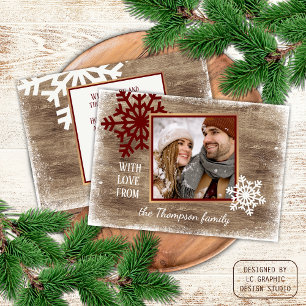 Custom Snowflakes & Barnwood Wooden Planks Pattern Holiday Card