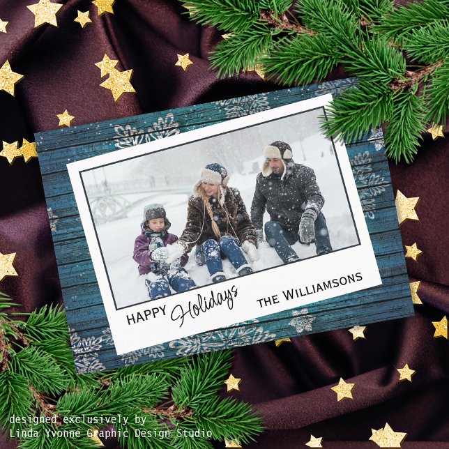 Custom Snowflakes & Barnwood Wooden Planks Pattern Holiday Card (Creator Uploaded)