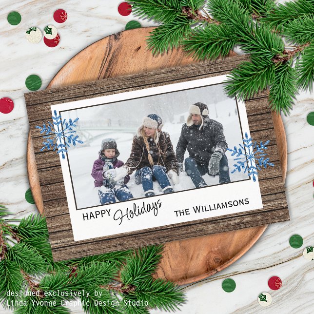 Custom Snowflakes & Barnwood Wooden Planks Pattern Holiday Card (Creator Uploaded)