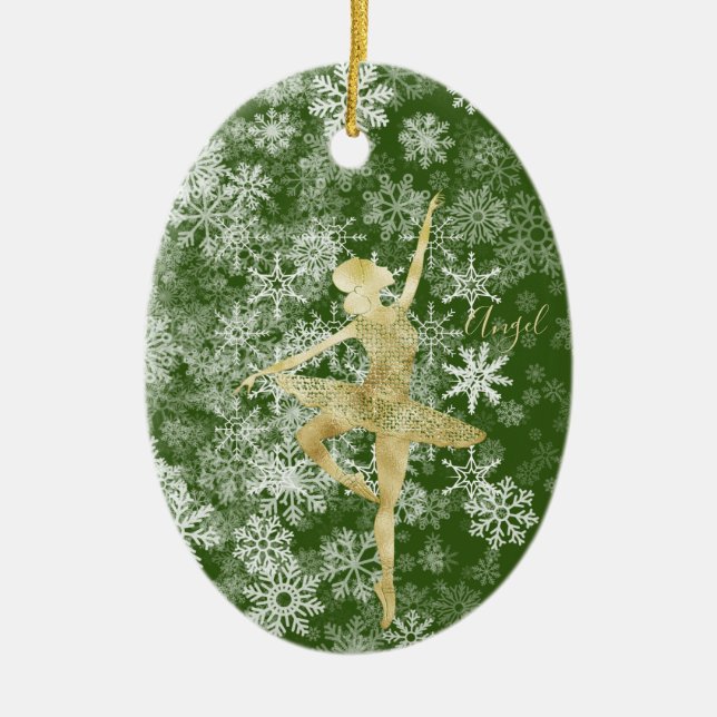 Custom Snowflakes Gold Foil Green Ballerina Dance Ceramic Ornament (Front)