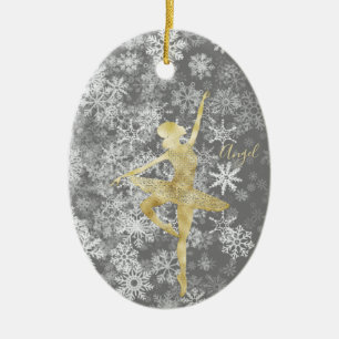 Custom Snowflakes Gold Foil Grey Ballerina Dance  Ceramic Ornament