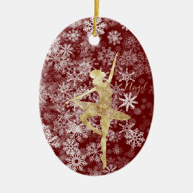 Custom Snowflakes Gold Foil Red Ballerina Dance   Ceramic Ornament (Front)