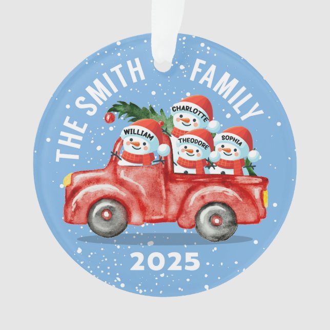 Custom Snowman Family Ornament, Red Truck Christm Ornament (Front)
