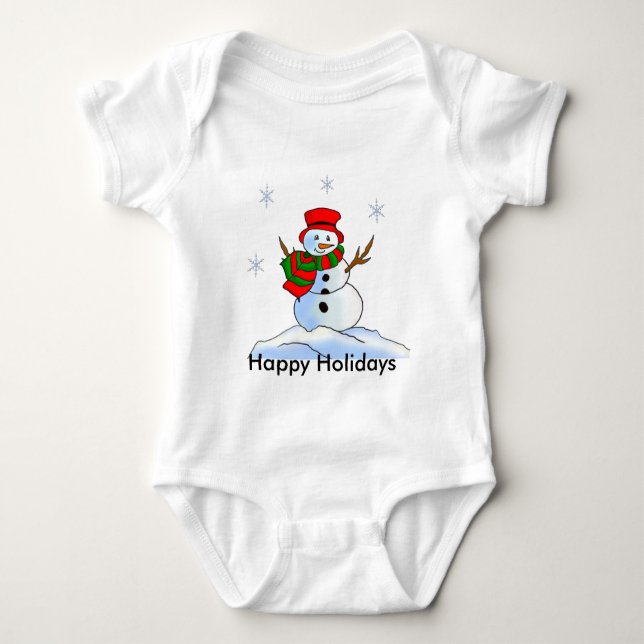 Custom snowman on snow and snowflakes baby bodysuit (Front)